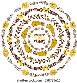 Trendy hand drawn circle floral frame set. Use it for banner, postcard,  women day, birthday, mothers day, newborn card, poster, wedding or Saint Valentine day.