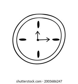Trendy hand drawn clock in doodle style. Business icon about time on project, deadlines, dates, achievement tasks on right time. Vector illustration isolated on the background