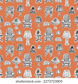 Trendy Hand drawn Cozy Home Decoration seamless pattern illustration vector ,Design for fashion , fabric, textile, wallpaper, cover, web , wrapping and all prints 