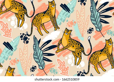 Trendy hand drawn doodle leopard in palm tree. Flat design. Template design elements for banner, pattern, background. Vestor seamless pattern with leopards and tropical leaves. Trendy style.