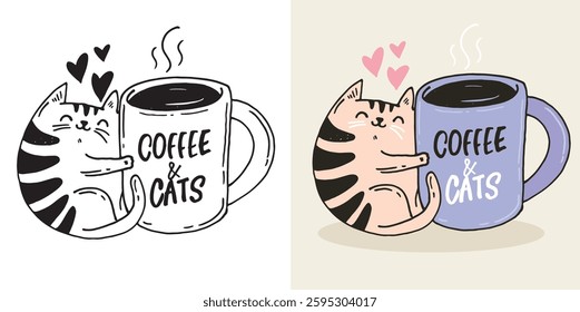 Trendy hand drawn doodle lettering quote about cat and coffee. Lettering for t-shirt design, mug print, bag print, clothes fashion. 100% hand drawn vector image.