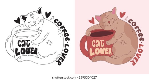 Trendy hand drawn doodle lettering quote about cat and coffee. Lettering for t-shirt design, mug print, bag print, clothes fashion. 100% hand drawn vector image.