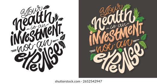 Citação de letras de doodle desenhada à mão na moda sobre esporte e comida saudável. Cartas para design de camiseta, impressão de caneca, impressão de saco, moda de roupas. 100% de imagem vetorial desenhada à mão.

