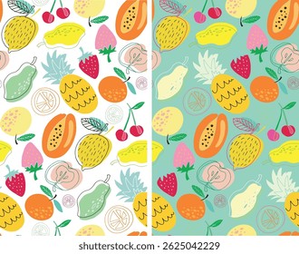 Trendy hand drawn doodle pattern background with fruits. Fabric wallpaper vector.