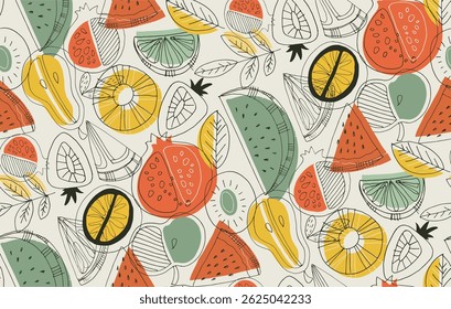 Moda mão desenhada doodle padrão fundo com frutas. Vetor de papel de parede tecido.
