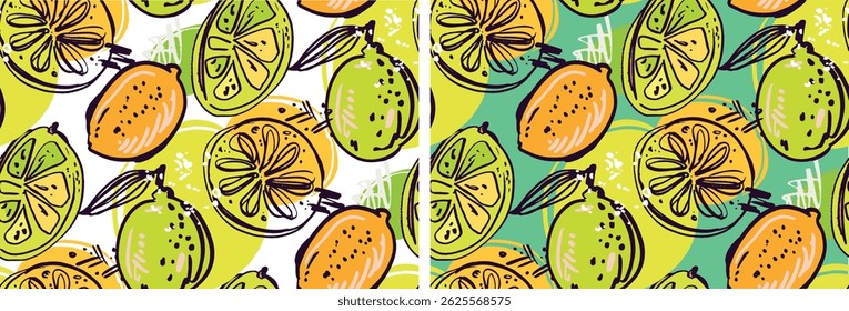 Trendy hand drawn doodle pattern background with fruits. Fabric wallpaper vector.