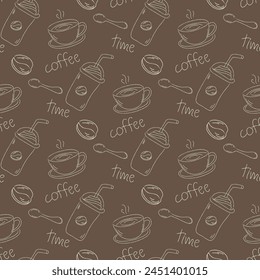 Dibujado a mano de moda Doodle estilo boceto encantador patrón sin costura con tazas de café garabatos, granos y cucharas, evocando un ambiente acogedor de café tiempo. Diseño para textil, Fondo de pantalla, papel de embalaje.