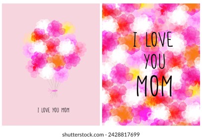 Trendy Hand Drawn Floral Cards for Mother's Day. Watercolor Bouquet Made of Colorful Wild Flowers on a Pastel Pink Background. Simple Black "I love you mom" on a Floral Layout. RGB. 