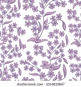 Trendy hand drawn Floral Pattern in vector. Violet flowers, blossom decoration on white backdrop. Seamless background for textile print, wallpaper, cards, gift wrap, apparel in Scandinavian style.