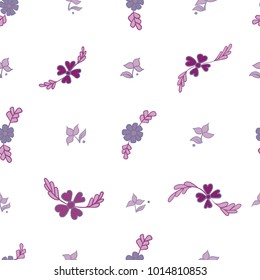 Trendy hand drawn Floral Pattern in vector. Violet flowers, blossom decoration on white backdrop. Seamless background for textile print, wallpaper, cards, gift wrap, apparel in Scandinavian style.