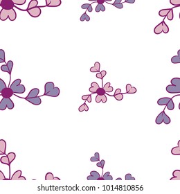 Trendy hand drawn Floral Pattern in vector. Violet flowers, blossom decoration on white backdrop. Seamless background for textile print, wallpaper, cards, gift wrap, apparel in Scandinavian style.