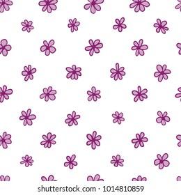 Trendy hand drawn Floral Pattern in vector. Violet flowers, blossom decoration on white backdrop. Seamless background for textile print, wallpaper, cards, gift wrap, apparel in Scandinavian style.