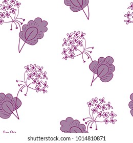 Trendy hand drawn Floral Pattern in vector. Violet flowers, blossom decoration on white backdrop. Seamless background for textile print, wallpaper, cards, gift wrap, apparel in Scandinavian style.