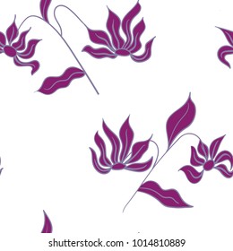 Trendy hand drawn Floral Pattern in vector. Violet flowers, blossom decoration on white backdrop. Seamless background for textile print, wallpaper, cards, gift wrap, apparel in Scandinavian style.