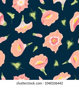 Trendy hand drawn Floral Pattern in vector. Colorful small flowers, blossom decoration on dark backdrop. Seamless background for textile print, wallpaper, cards, spring and summer decor with bindweed.
