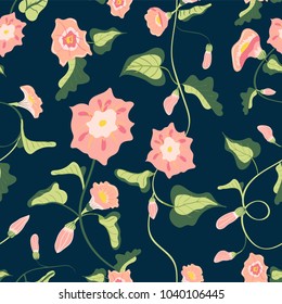 Trendy hand drawn Floral Pattern in vector. Colorful small flowers, blossom decoration on dark backdrop. Seamless background for textile print, wallpaper, cards, spring and summer decor with bindweed.