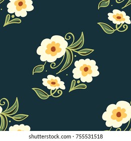 Trendy hand drawn Floral Pattern in vector. Colorful small flowers, blossom decoration on dark backdrop. Seamless background for textile print, wallpaper, cards, spring and summer decor.