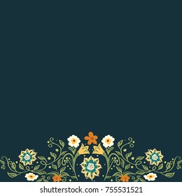 Trendy hand drawn Floral Pattern in vector. Small flowers, blossom decoration on dark backdrop. Spring and summer decor for cover design, postcards, greeting cards, invitation, catalogs and books.