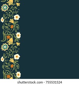 Trendy hand drawn Floral Pattern in vector. Colorful small flowers, blossom decoration on dark backdrop. Spring and summer vertical seamless decor for list frame, page bezel, skirting, border, tab.