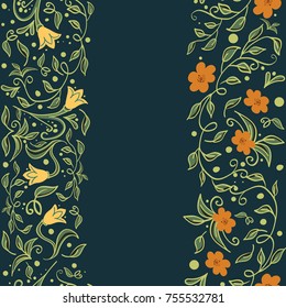 Trendy hand drawn Floral Pattern in vector. Colorful small flowers, blossom decoration on dark backdrop. Spring and summer vertical seamless decor for list frame, page bezel, skirting, border, tab.