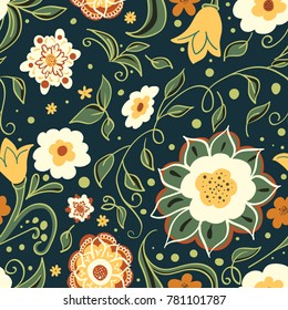 Trendy hand drawn Floral Pattern in vector. Colorful small flowers, blossom decoration on dark backdrop. Seamless background for textile print, wallpaper, cards, gift wrap.