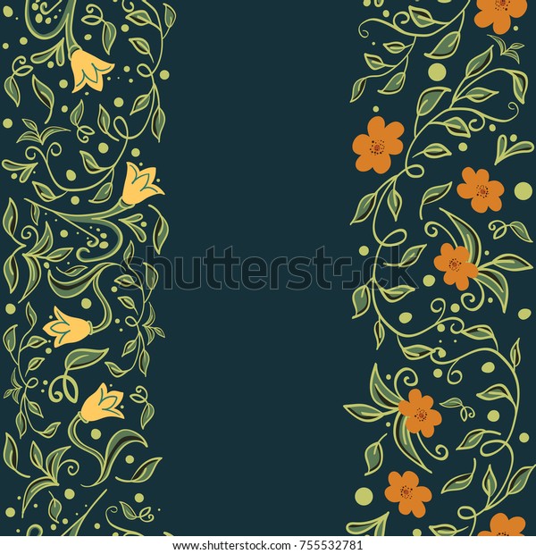 Trendy hand drawn Floral Pattern in vector. Colorful\
small flowers, blossom decoration on dark backdrop. Spring and\
summer vertical seamless decor for list frame, page bezel,\
skirting, border, tab.