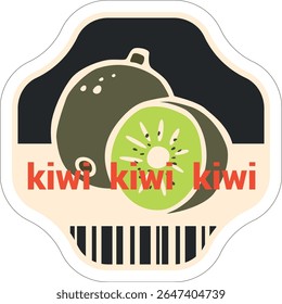 Etiqueta de frutas desenhada à mão na moda com kiwi. Rótulo da etiqueta de fruta orgânica. Adesivo de papel descascado para embalagem. Ilustração de vetor isolada em plano de fundo transparente.  