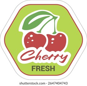 Etiqueta de fruta desenhada à mão na moda com cereja vintage. Rótulo da etiqueta de fruta orgânica. Adesivo de papel descascado para embalagem. Ilustração de vetor isolada em plano de fundo transparente.  