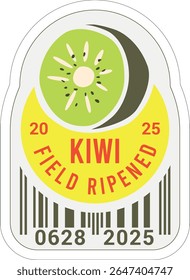 Etiqueta de frutas desenhada à mão na moda com kiwi. Rótulo da etiqueta de fruta orgânica. Adesivo de papel descascado para embalagem. Ilustração de vetor isolada em plano de fundo transparente.  