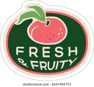 Etiqueta de fruta desenhada à mão na moda com pêssego plano. Rótulo da etiqueta de fruta orgânica. Adesivo de papel descascado para embalagem. Ilustração de vetor isolada em plano de fundo transparente.  