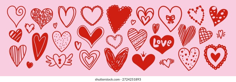 Conjunto de doodle de corazón dibujado a mano de moda. Símbolos románticos del amor para el día de San Valentín, invitaciones de boda, tarjetas de felicitación, impresiones, pegatinas y diseño decorativo moderno.