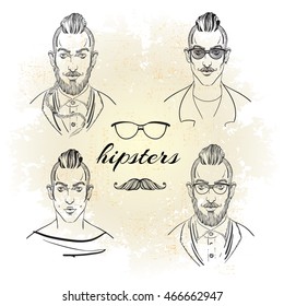 Trendy hand drawn hipster portraits. Hipster style. Sketch trendy set. Vector illustration.