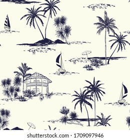 Trendy handgezeichnet Insel Vektorillustration nahtlose Muster Vintage Stimmung Meer, Sonne, Palmen, Segelboot, Himmel Die Stimmung Illustration.Design für Mode, Stoff, Tapeten und alle Drucke auf cremefarbenem Hintergrund.