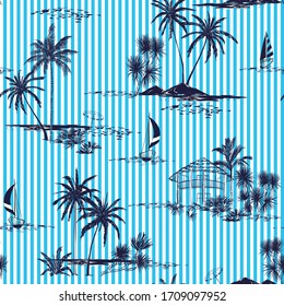 Trendy hand drawn island vector seamless pattern with vertical blue and white striped background sea,sun ,palm trees, sailboat ,sky The Summer mood illustration.Design for fashion,fabric,wallpaper 