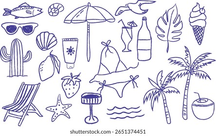 Moda mão desenhada italiano verão férias ícones doodle. Praia tropical, biquíni, palma, coquetel, elementos do mar em estilo de esboço divertido. Perfeito para cartaz de férias, marca de viagem ou decoração à beira-mar.