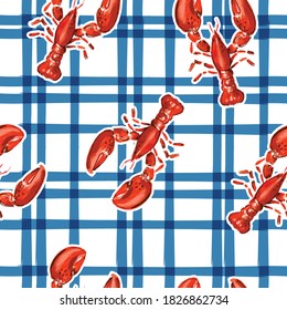 Trendy hand drawn lobster with electric blue check seamless pattern vector in summer vibes,Design for fashion , fabric, textile, wallpaper, cover, web , wrapping and all prints 