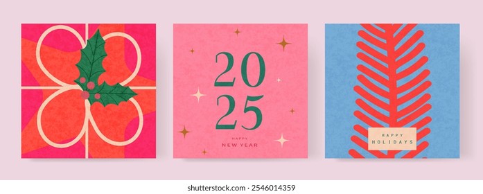 Trendy hand drawn Merry Christmas greeting card set for poster, cover, banner. Merry Christmas and Happy New Year.