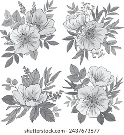 Trendy Hand drawn monochrome florals, Flower bouquets. Vector Design elements for fabric, textile, wallpaper prints