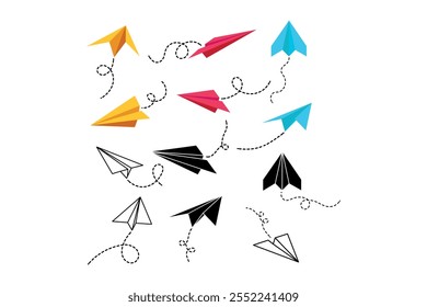 Conjunto de Vector de aviones de papel dibujado a mano de moda para contenido de redes sociales, Vector de aviones coloridos dibujados a mano atractivos para herramientas promocionales, ilustraciones de Vector de aviones de papel dibujados a mano imaginativos para creativos