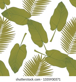 Trendy hand drawn pattern with colorful banana leaf drawn outline on white background. Tropical leaves, jungle pattern. Sketch floral botany set. Cute vector illustration.