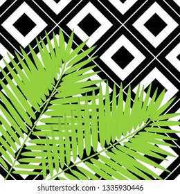 Trendy hand drawn pattern with colorful banana leaf drawn outline on geometric black and white background. Tropical leaves, jungle pattern. Sketch floral botany set. Cute vector illustration.