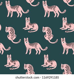 Trendy hand drawn seamless pattern with pink Leopards on green backdrop. Vector print.