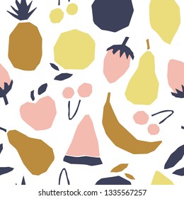 Trendy hand drawn seamless vector pattern with summer fruits. Background with cutout elements