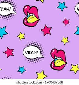 Diseño vectorial a mano a la moda en estilo pop con Yes! exclamación, burbuja del habla y labios rosas. Fondo púrpura con estrellas coloridas. Decoración acogedora a medio tono. Vector EPS10.