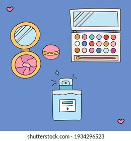 Trendy hand drawn set with powder, big eyeshadow palette, expensive perfume in a glass square bottle. Stylized clipart set about beauty care with cosmetics for women. Isolated on background.