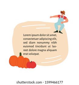 Trendy hand drawn style template for banner, poster, card design with farmer and local vegetables and fruits. Flat vector isolated illustration.