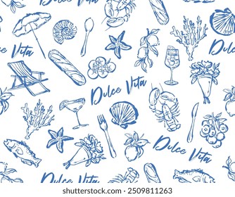 Trendy Hand drawn summer beach vacation in  Italy mood Italian food , Cocktail , signage, Umbrella ,Vacation seamless pattern Design for all prints