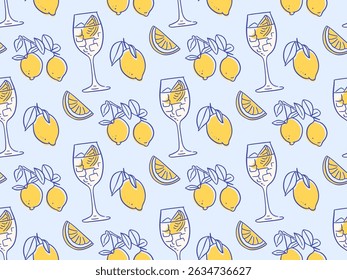 Trendy Hand drawn summer beach vacation in Italy mood Italian lemon Cocktails. Vacation seamless pattern. Contour hand drawn vector illustration.