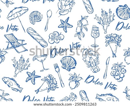 Trendy Hand drawn summer beach vacation in  Italy mood Italian food , Cocktail , signage, Umbrella ,Vacation seamless pattern Design for all prints