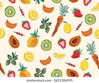 Moda Mão desenhada verão Frutas e legumes, Alfresco Jantar padrão sem costura Desenhado à mão Ilustração Vetor Não AI, Design para todas as impressões
